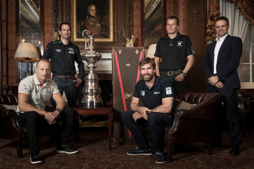 The Americas Cup 2017 - 2021 framework agreement press conference. Sir Ben Ainslie skipper of LandRover BAR, Franck Cammas skipper of Groupama Team France, Dean Barker skipper of SoftBank Team Japan, Iain Percy skipper of Artemis Racing and Jimmy Spithill skipper of Oracle Team USA. Shown here with the Americas Cup in London prior to the framework announcement.
Photo by Lloyd Images/ACEA