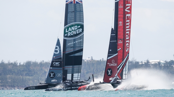 Land Rover BAR skippered by Ben Ainslie, shown here in action during their race with Emirates Team New Zealand in the 35th America's Cup Challenger Playoffs Semi-finals.Racing was abandoned after the wind dropped on June 5, 2017 on Bermuda's Great Sound